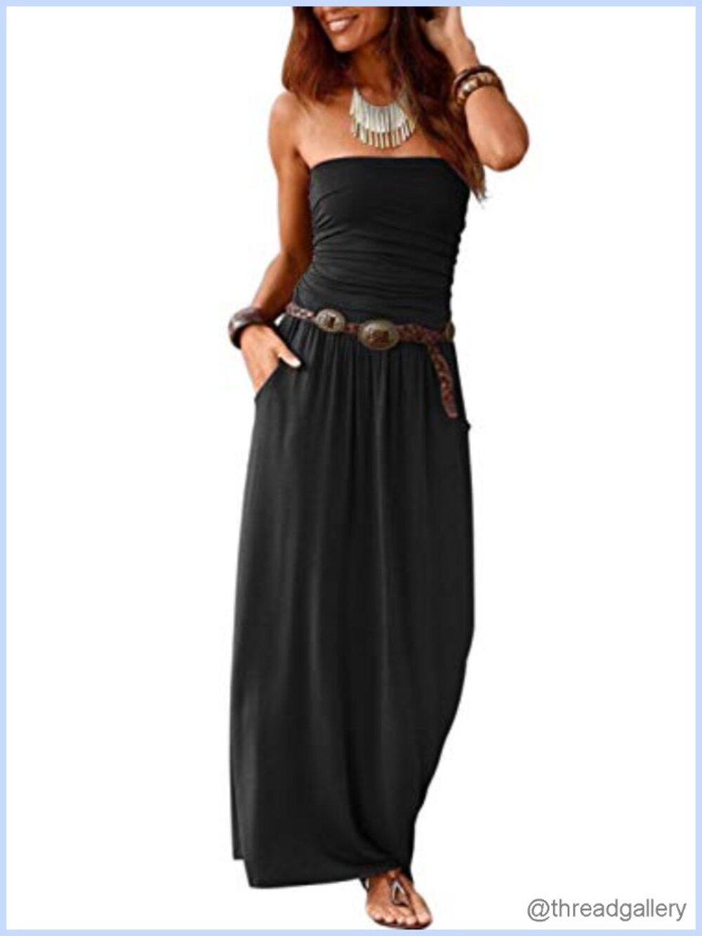 Strapless Bandeau Floral Maxi Dress Off Shoulder Beach Sundress with Pockets